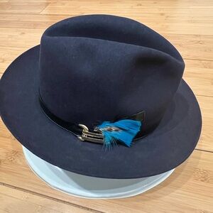 Scott navy wool felt fedora hat with a faux leather band and a removable feather